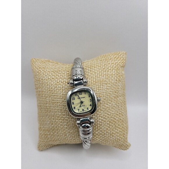 Vintage Cote d Azur Wristwatch Silver Tone Cuff Bracelet Cream Dial Square - Picture 1 of 12